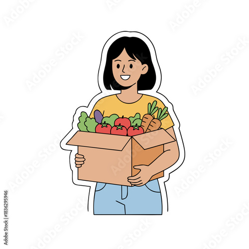Woman Holds Cardboard Box Filled With Fresh Vegetables and Fruits Smiling Happily Isolated On White Background Flat Vector Art