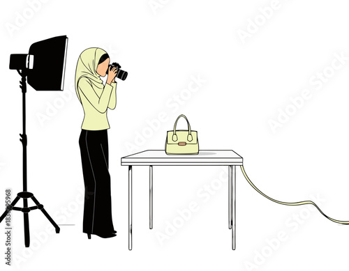 Woman in a headscarf photographs a handbag on a white table using a professional lighting setup in a studio with a black background for product photography and e-commerce marketing purposes.