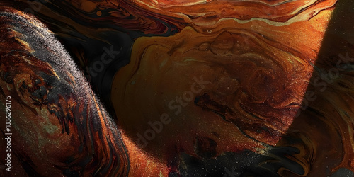 Close up abstract macro photograph showcasing the swirling intricate patterns and rich earthy tones of a natural agate or mineral formation with dramatic lighting