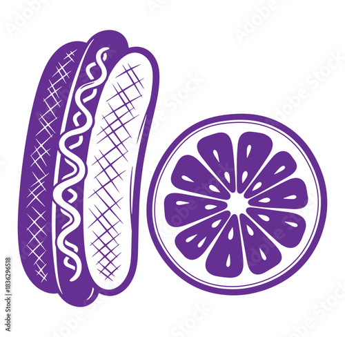 Purple vector illustration of hotdog and orange slice isolated on white background
