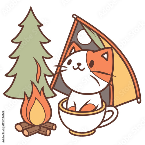 Vector illustration of a Silly American Shorthair with sitting in a teacup ride, styled in a Camping trip theme using Campfire Glow colors