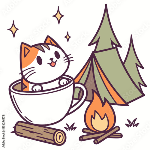 Whimsical American Shorthair feeling Curious in a Camping trip setting with in a teacup – colored in Campfire Glow