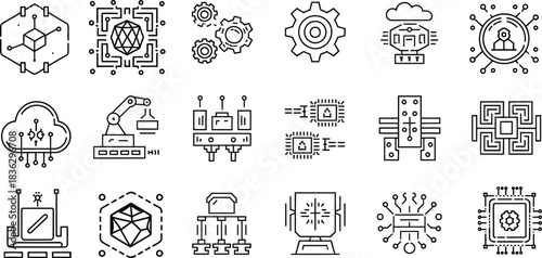 Blockchain and cloud technology line icons set. Digital network, data science, and futuristic infrastructure vector illustration collection