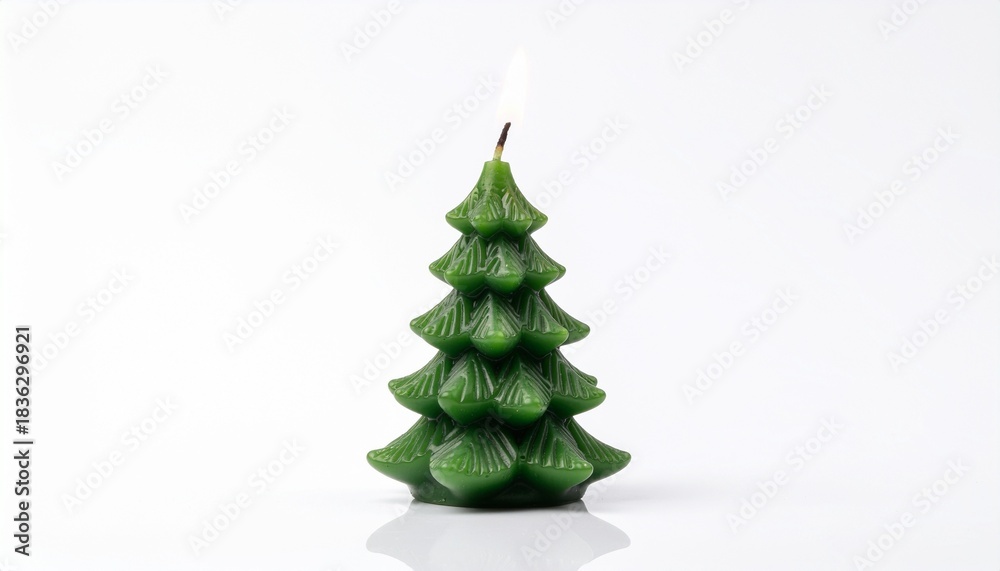 Obraz premium Green Evergreen Tree Candle Lit for Festive Holiday Decoration on White Background