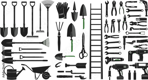 Large collection of gardening and construction tools silhouettes, black vector icons set isolated on white background, renovation equipment, shovel, rake, drill, ladder, hammer, wrench.
