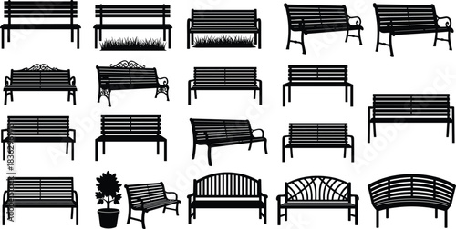 Large Collection of Park Bench and Seat Silhouettes, Diverse Garden and Public Furniture Set with Ornate Designs, Simple Flat Vector Icons for Landscape and Urban Planning,