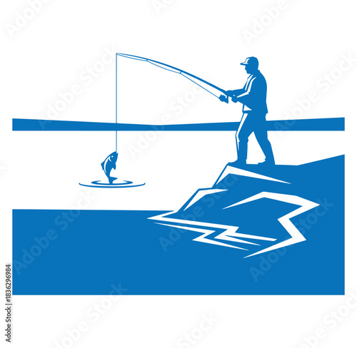 Silhouette of a fisherman fishing with a rod on a rocky shoreline outdoors sport hobby