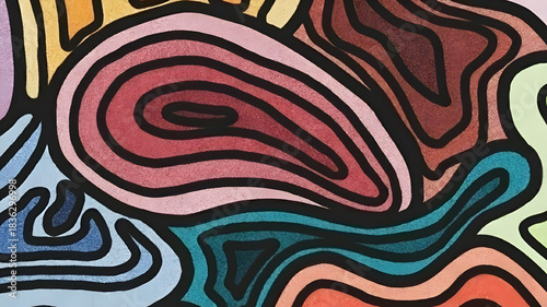 Vibrant abstract organic shapes with bold black outlines create a dynamic and colorful modern art composition