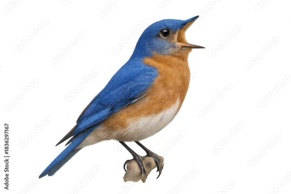 Obraz premium Eastern bluebird perched on branch with mouth open singing, calling, or chirping, transparent background