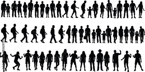 Large collection of people silhouettes, families with children walking and standing, travelers with backpacks, vector illustration set for lifestyle community design