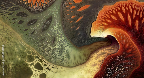 Abstract macro photography captures organic textures and vibrant colors in a surreal ethereal landscape