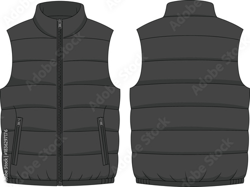 Men’s sleeveless puffer vest with stand collar, front zipper closure, horizontal quilting, zip pockets, and elastic hem, technical fashion flat vector illustration front and back
