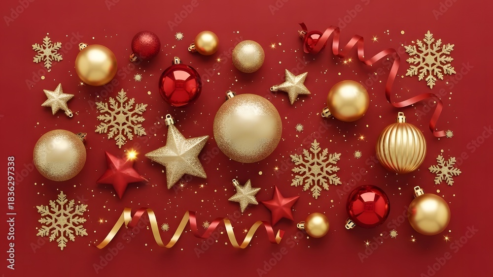 Fototapeta premium Festive Christmas Ornament Arrangement on Red Background.