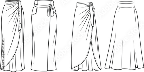 Fashion flat vector set of long skirts and wrap skirts, technical sketch of women’s clothing designs with draping, waistband details, and sewing lines