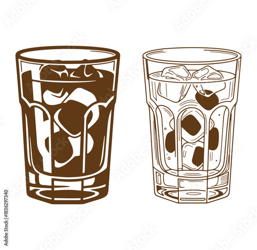 Two refreshing cold drink glasses filled with ice cubes in vector illustration