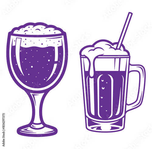 Two stylized illustrations of purple beer glasses with frothy foam and a drinking straw