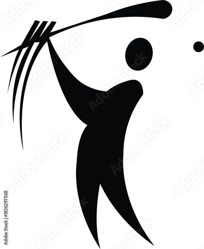 Stylized black silhouette icon of a golfer swinging a club to hit a golf ball