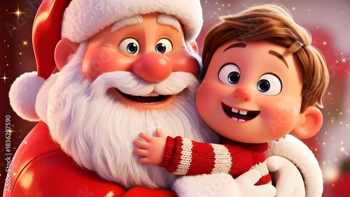 Santa Claus hugs a happy cute boy kid in Christmas new year funny 3d cartoon