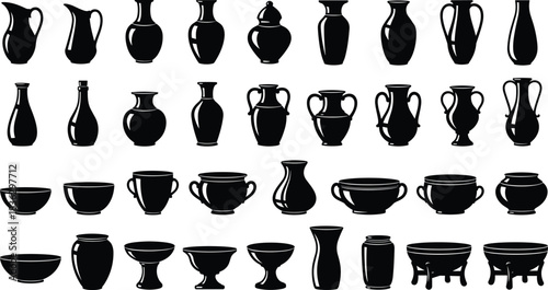 Large set of black silhouettes including ceramic vases, antique jugs, clay bowls, and pottery urns, isolated on white background, vector illustration for design.