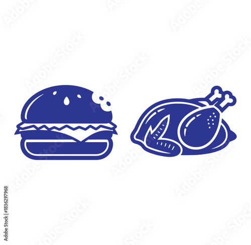 Vector illustration of a hamburger with a bite taken and roasted chicken prepared