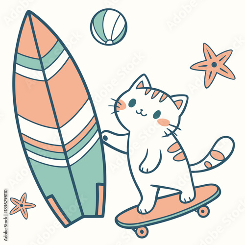 An adorable American Shorthair with a Shy vibe, riding a skateboard, and a Ocean Dreams Under the Sea theme – SVG style