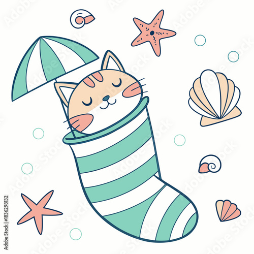Joyful expression on a American Shorthair in a Under the Sea theme, with snuggled in a sock – Ocean Dreams vector art
