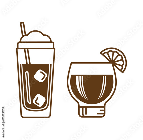 Vector illustration of refreshing drinks with ice cubes and a lemon slice perfect for summer