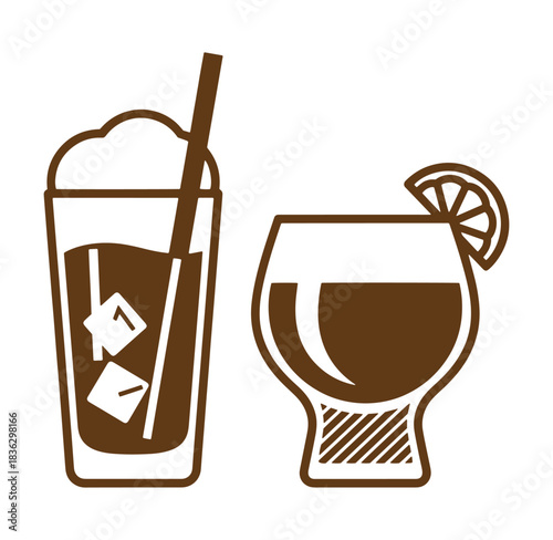 Vector illustration of refreshing drinks featuring a cocktail glass and iced beverage on white