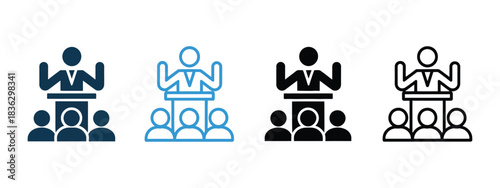 Seminar icon set with various styles and designs, including podium