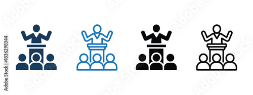Seminar icon set with various styles and designs, including podium