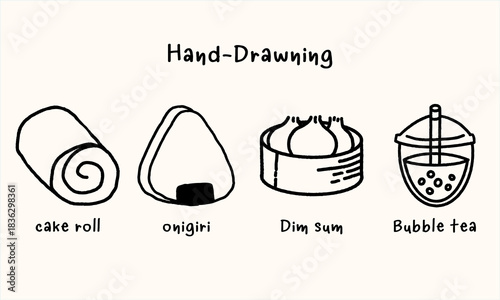 Hand drawn Asian food icons including cake roll, onigiri, dim sum and bubble tea in doodle style