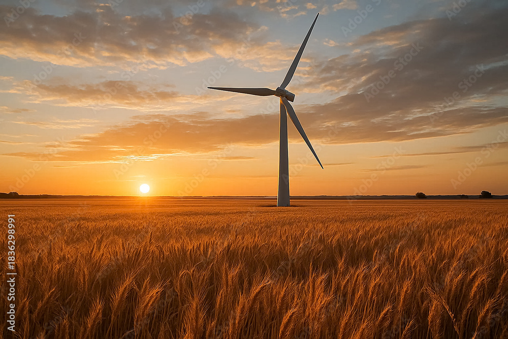 Obraz premium Wind turbine in golden wheat field during vibrant sunset