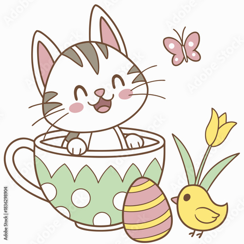Cute SVG of a Joyful American Shorthair in Springtime Joy colors, featuring in a teacup in a Easter setting