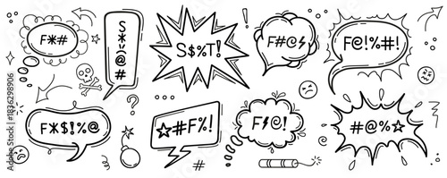 Comic swear speech bubbles and hate talk curse with expletive words, cartoon vector icons. Comic swear speech bubbles or censored message clouds with angry bad words and explicit text symbols of hate