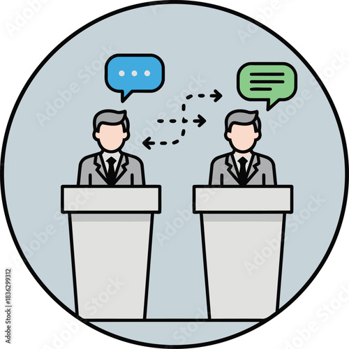 Professional dialogue between politicians arguing from podiums in a formal round table discussion