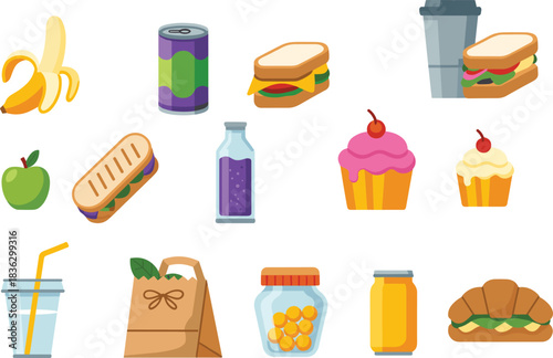 Lunch snacks sandwiches drinks fruits desserts croissant cupcakes juice soda apple banana food items vector set meal elements takeaway illustration