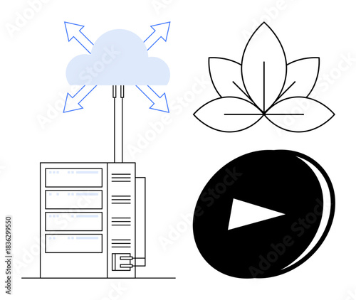 Cloud technology, data centers, sustainability, digital media, eco-consciousness, and connectivity. Server connected to cloud, play button and leaf icon. Cloud technology and sustainability concept