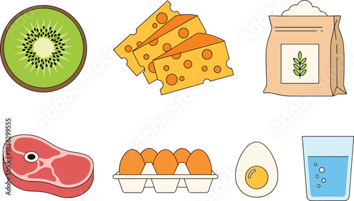 Kiwi slice cheese pieces flour bag steak meat eggs carton boiled egg glass water protein dairy cooking food ingredient illustration vector