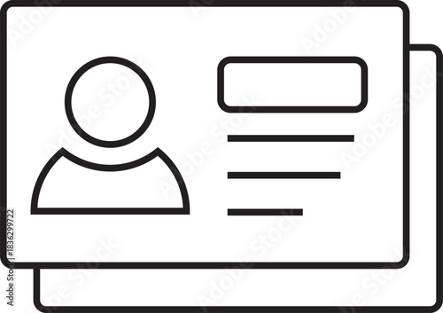 Minimalist black and white line art icon of a personal identification card with a user profile symbol and text fields.
