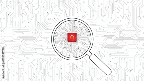 Magnifying glass reveals intricate circuit board design and modern electronic component, highlighting technology research and development in a digital world