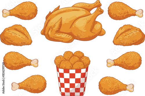 Fried chicken drumsticks roasted whole chicken bucket of chicken pieces crispy wings thighs fast food meal poultry illustration set vector collection