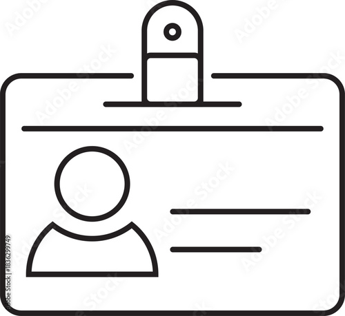 A simple black and white line art icon of a personal identification card with a clip and a person silhouette.