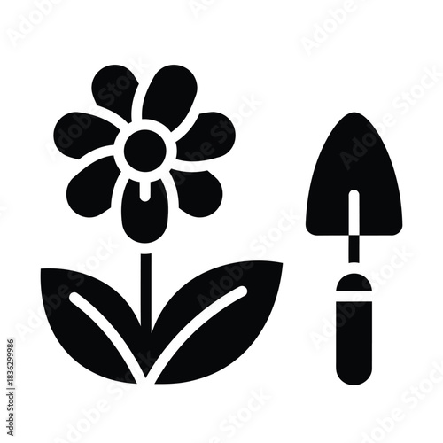 Black flower and trowel icon on white background gardening