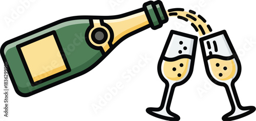 Champagne Bottle Pouring Into Flutes Toasting Celebration Anniversary Event or New Years Eve Gathering