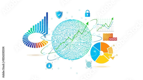 Data-driven global insights showing business growth, security and analytics, ideal for illustrating reports, presentations, or data visualization projects