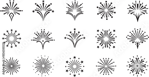 Collection of Black Fireworks Vector Designs on a White Background Celebrating Events and Festivities Beautiful Minimalist Aesthetic