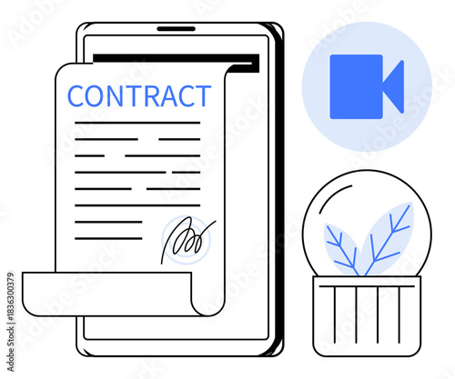 Business agreements, virtual transactions, sustainability, legal documents, digital workflow, online collaboration. A tablet with a signed contract, video call icon and eco globe. Business