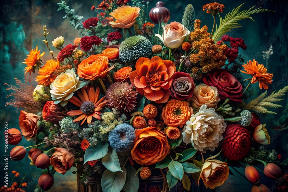 Naklejka premium Opulent autumnal floral arrangement with diverse blossoms