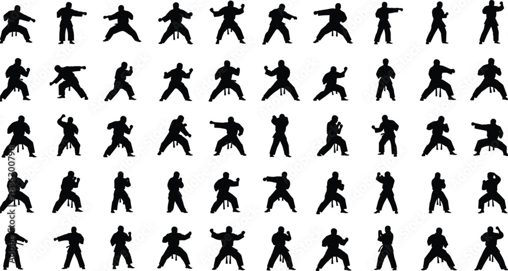 Naklejka premium Large collection of black silhouettes depicting karate fighter poses, martial arts man in kimono with belt, vector illustration isolated on white background.