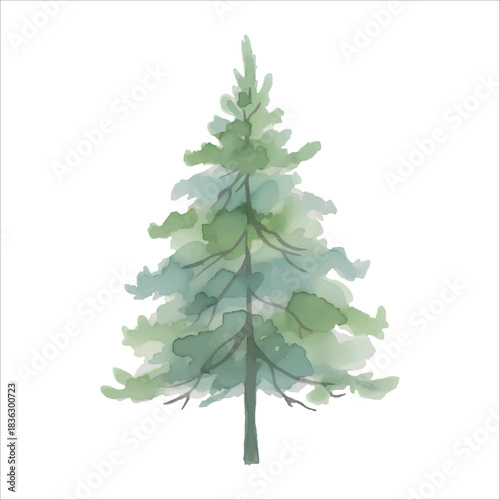 Minimalist Watercolor Pine Tree Vector Isolated on White Background
